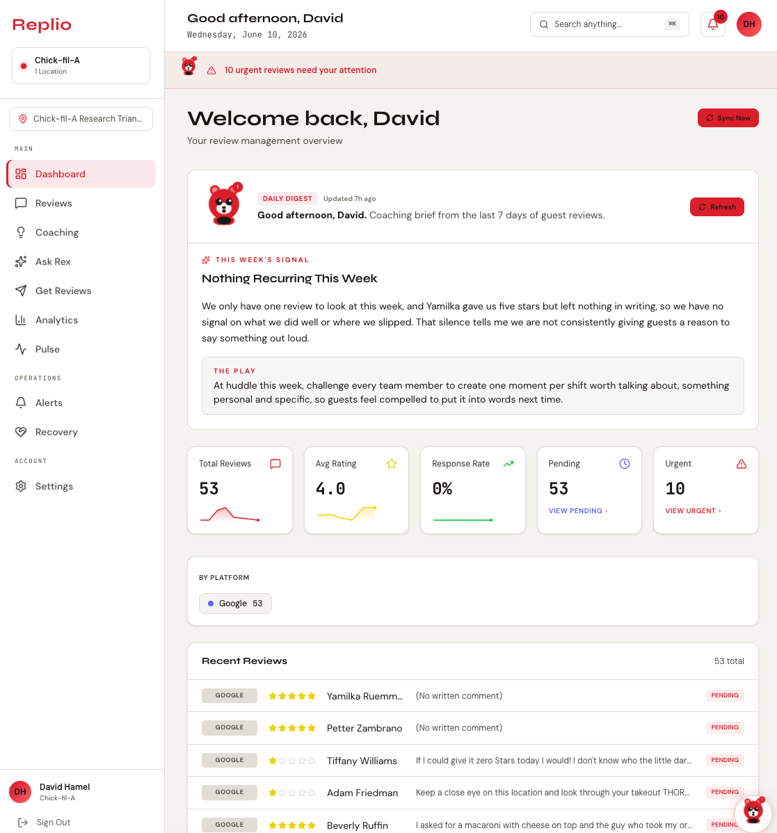 Replio operator dashboard: daily digest, pipeline status, and live review metrics