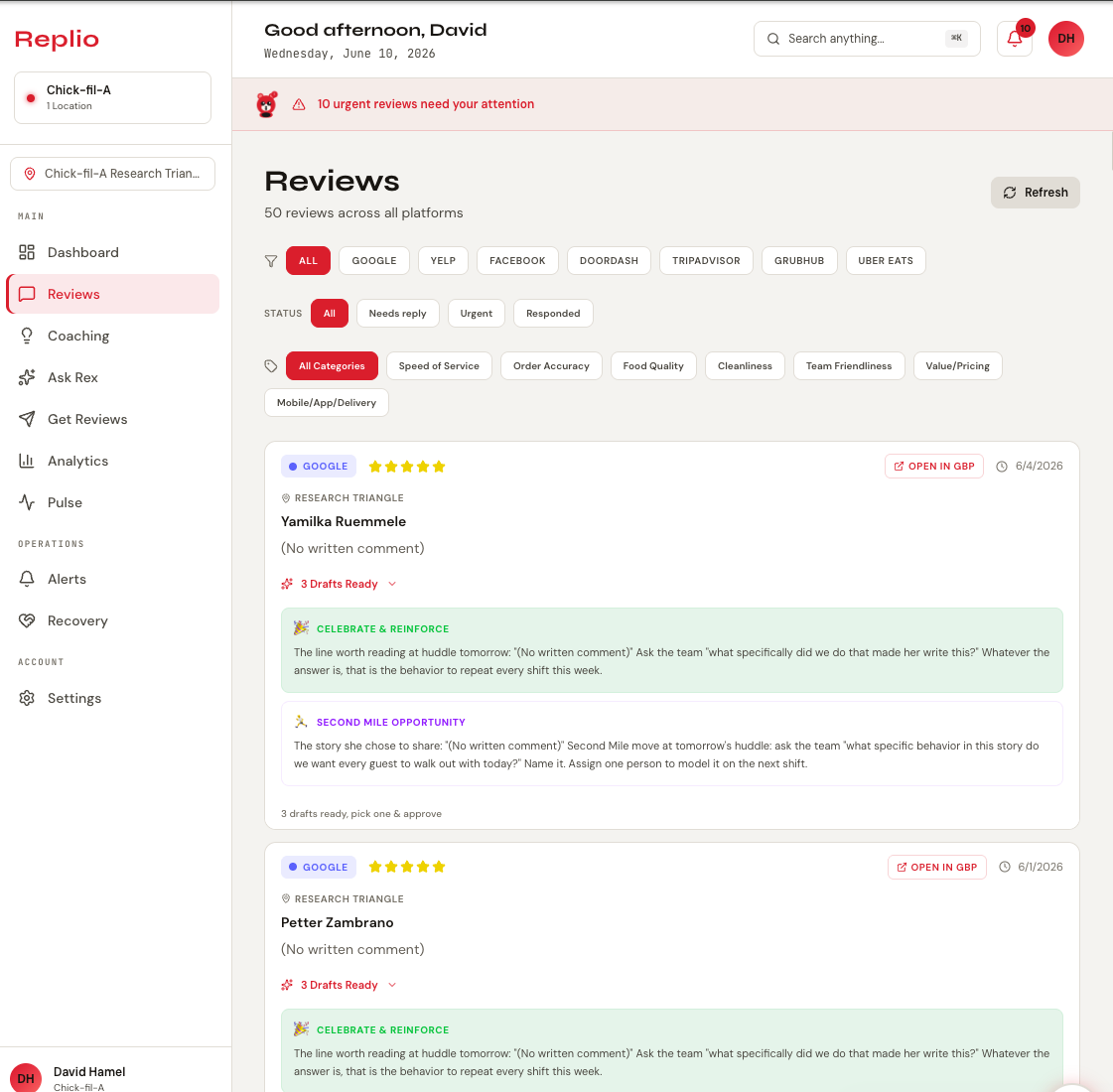 Replio Reviews tab: a guest review with three drafted reply tones and one-tap approve to Google